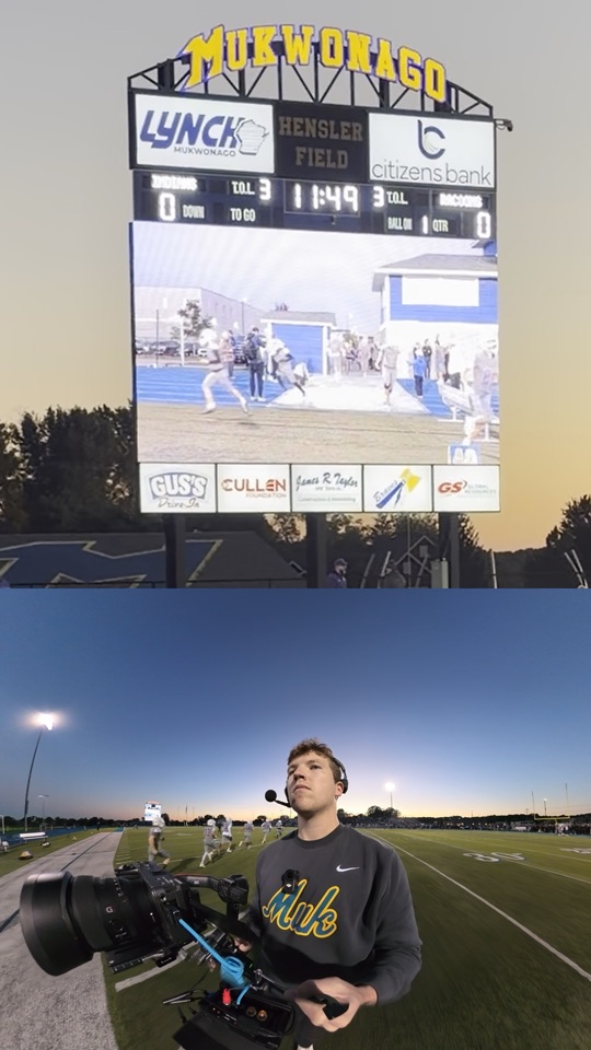 A split-screen iPhone reel: the video board showing a live camera feed above the camera operator filming on the sideline