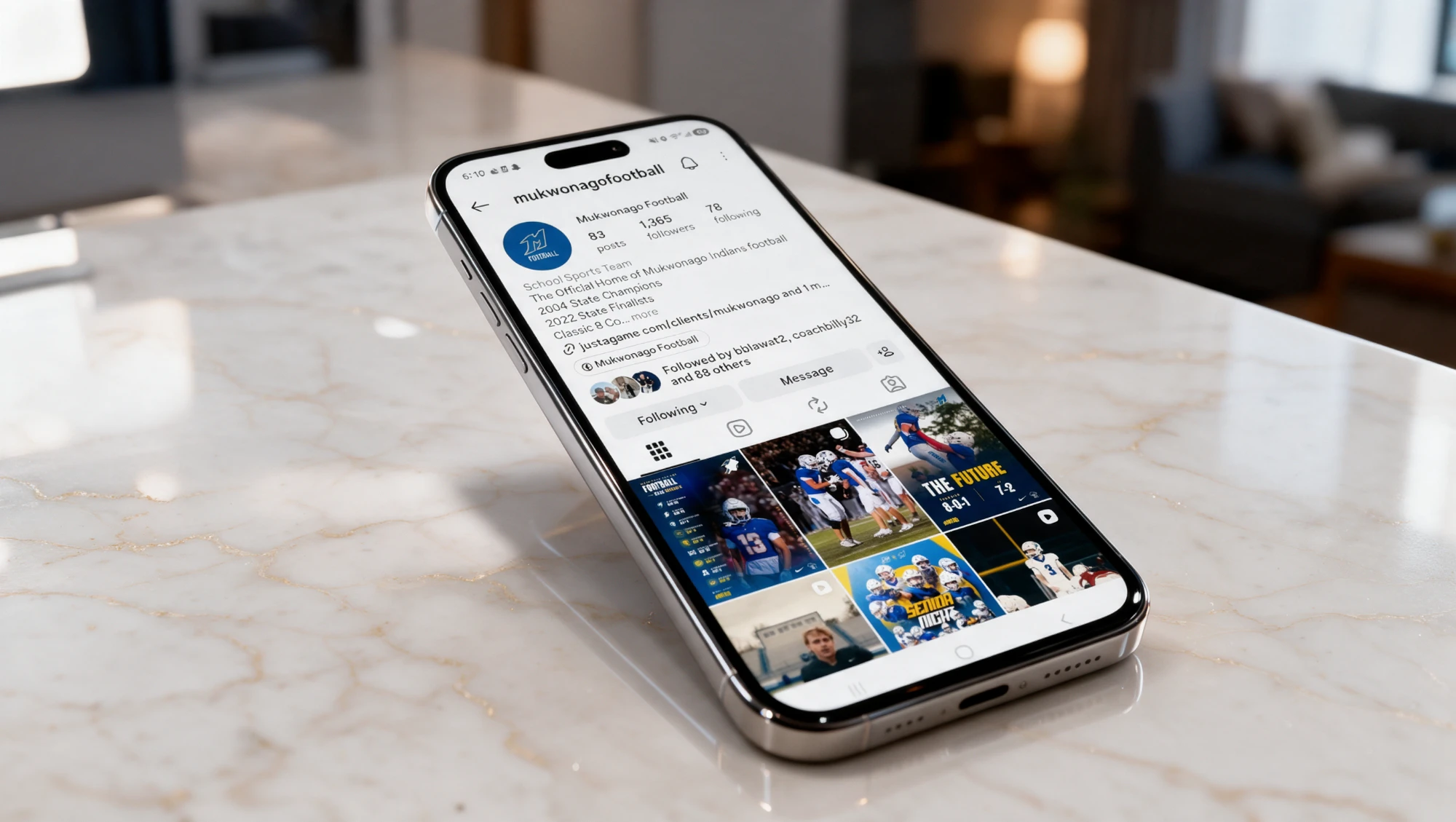 Mukwonago Football’s Instagram profile on a phone, a feed run by EJ Media