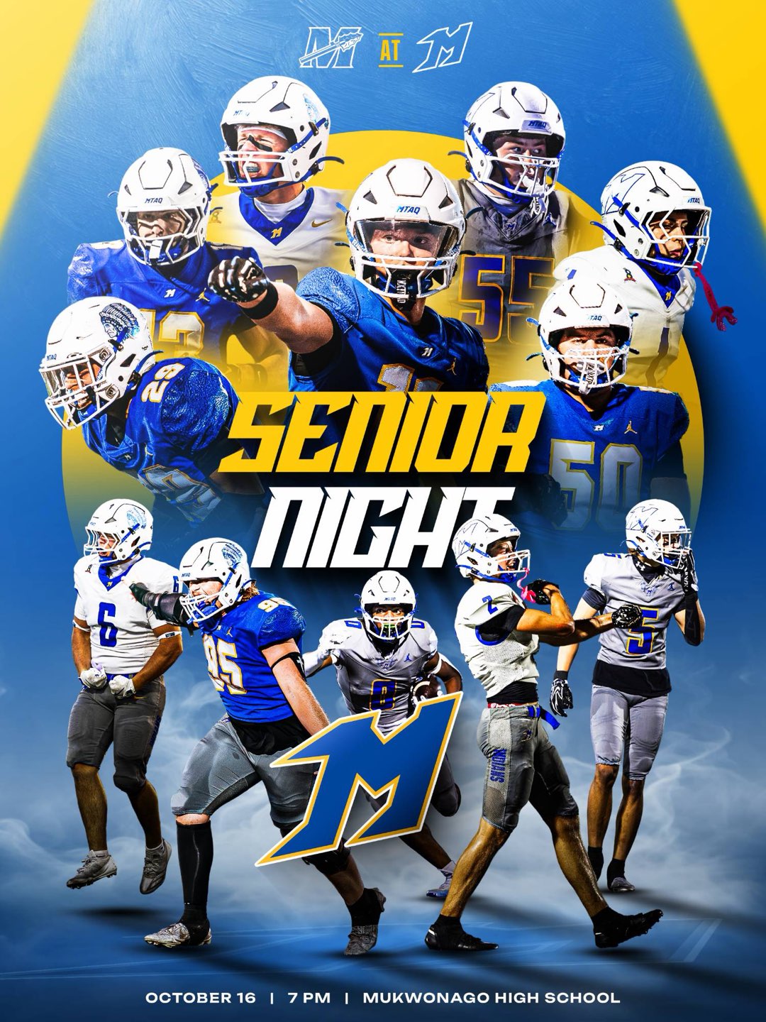 Senior Night gameday graphic for Mukwonago football: October 16, 7 PM, Mukwonago High School
