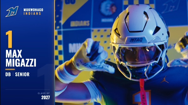 Player intro for number 1, Max Migazzi, quarterback