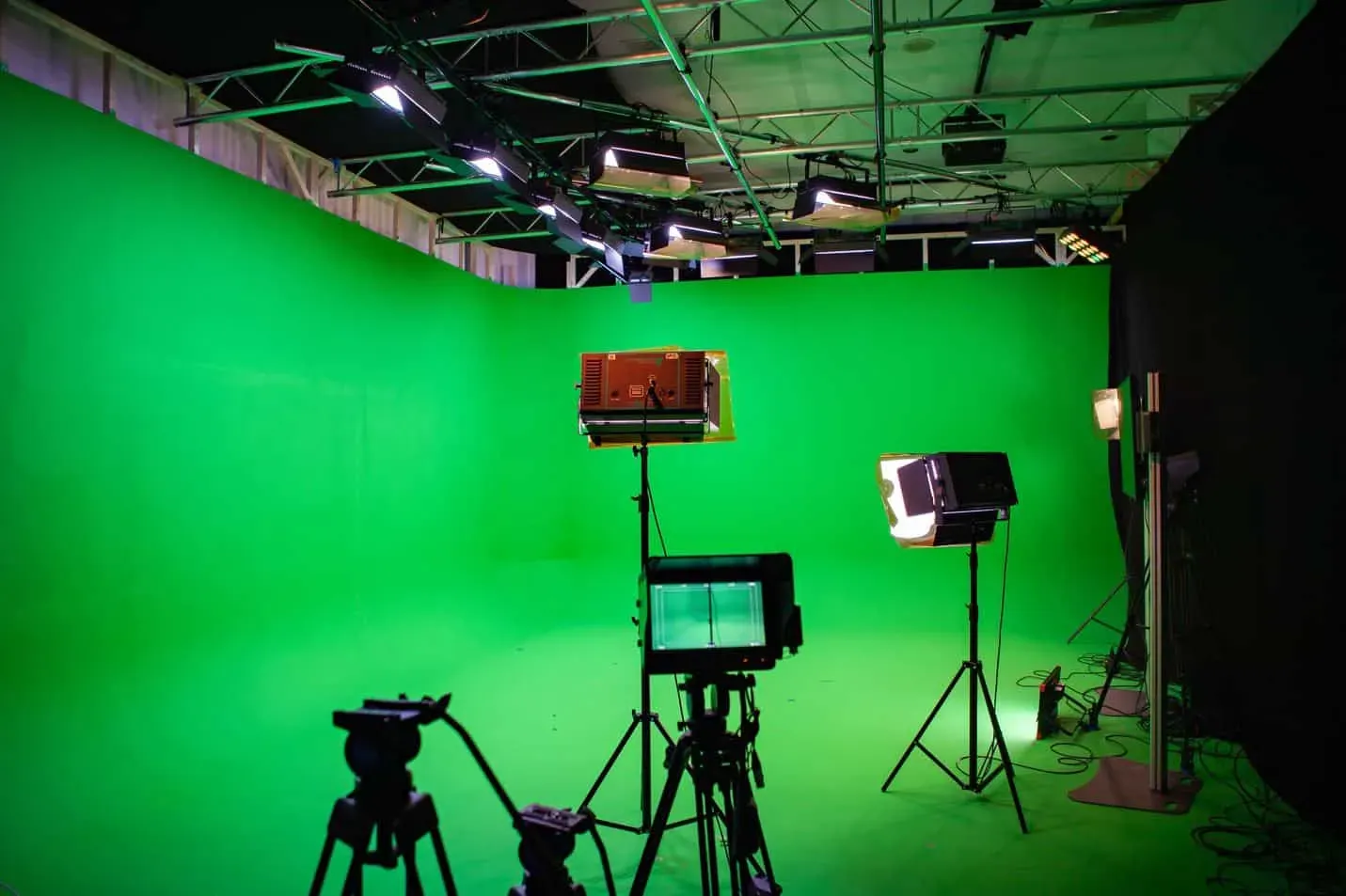 A green-screen set with studio lights and a camera ready for player shots